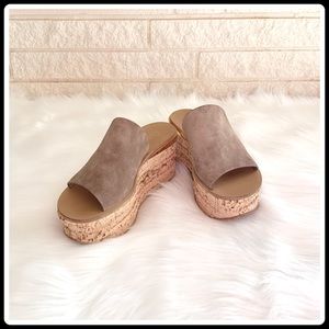 CHLOE Camille Dark Greige Suede Wedge Mule Sandals